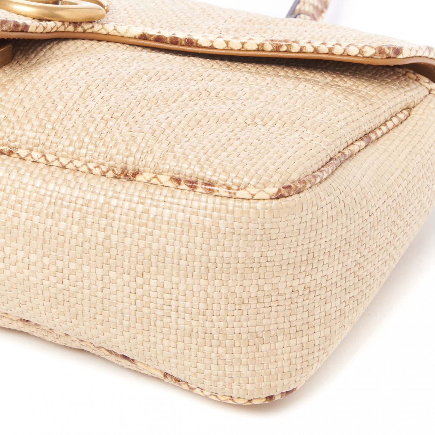 Raffia Elaphe Matelasse Small GG Marmont Shoulder Bag Natural Cream Brown
