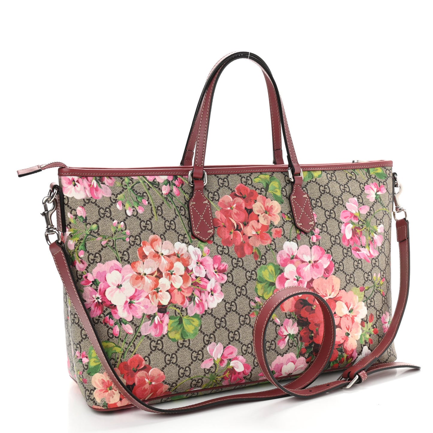 GG Supreme Monogram Blooms Medium Zippered Tote Beige Multicolor Dry Rose