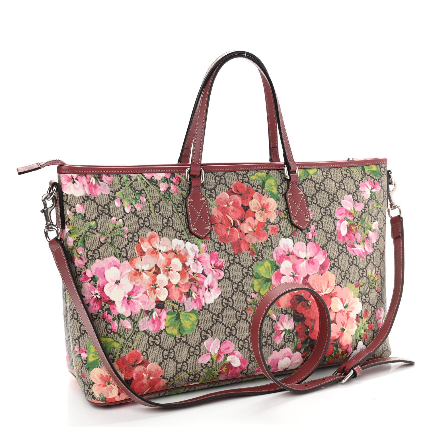 Gucci GG Supreme Monogram Blooms Medium Zippered Tote Beige Multicolor Dry Rose 3 of 10