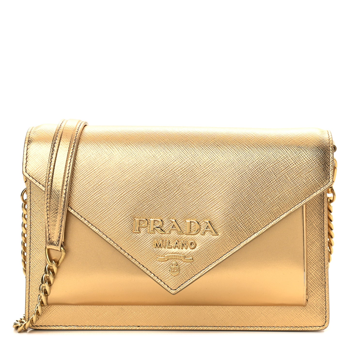 Metallic City Calfskin Saffiano Envelope Flap With Chain Platino