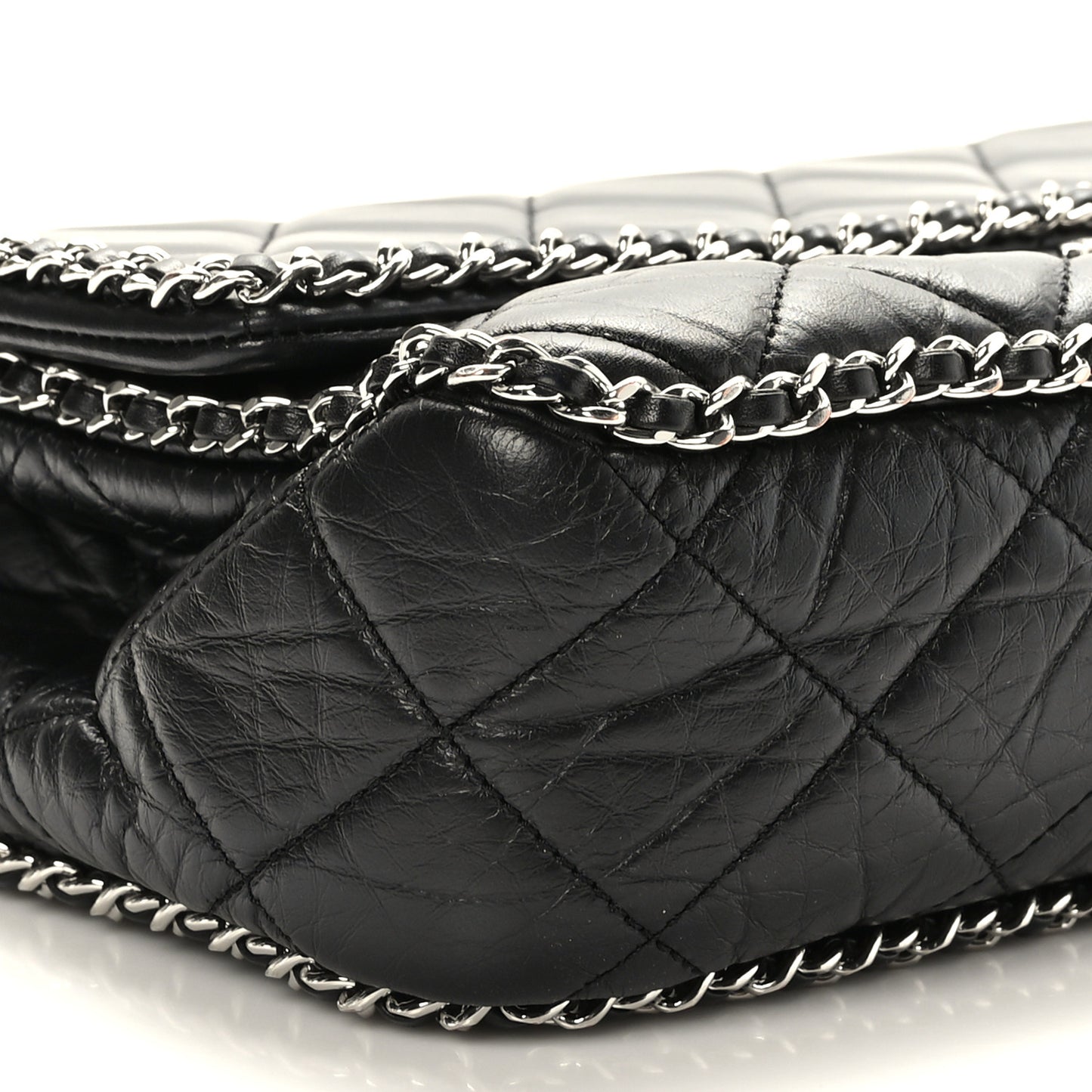 Crumpled Calfskin Quilted Large Chain All Over Flap Bag Black