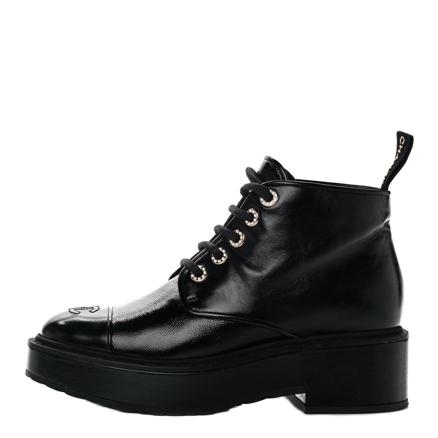 Chanel Shiny Calfskin Pearl Lace Up Combat Short Boots 38.5 Black 1 of 9