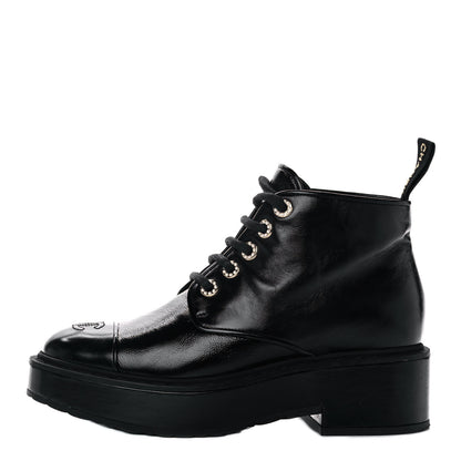 Chanel Shiny Calfskin Pearl Lace Up Combat Short Boots 38.5 Black 1 of 9