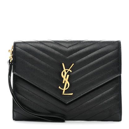 Saint Laurent Grain De Poudre Matelasse Chevron Monogram Envelope Clutch Black 1 of 7
