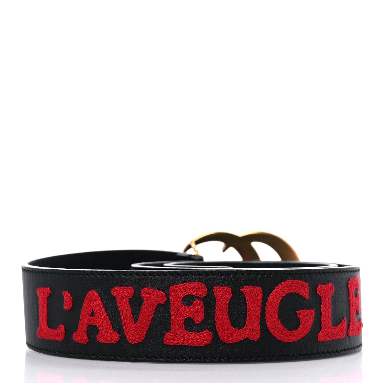 Gucci Calfskin L'Aveugle Par Amour Embroidered Double G 40mm Belt 80 32 Black Red 2 of 6