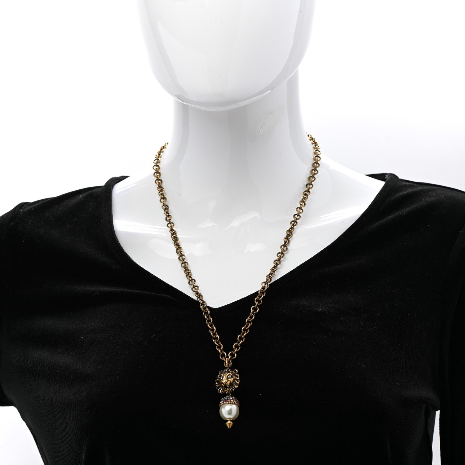 Gucci Metal Crystal Pearl Lion Head Necklace Aged Gold 2 of 7