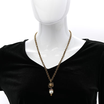 Gucci Metal Crystal Pearl Lion Head Necklace Aged Gold 2 of 7