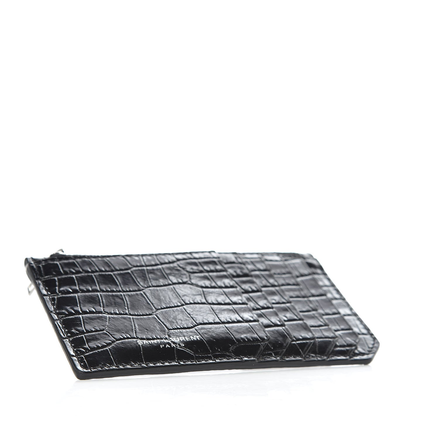 Calfskin Crocodile Embossed 5 Fragments Zip Pouch Card Holder Black