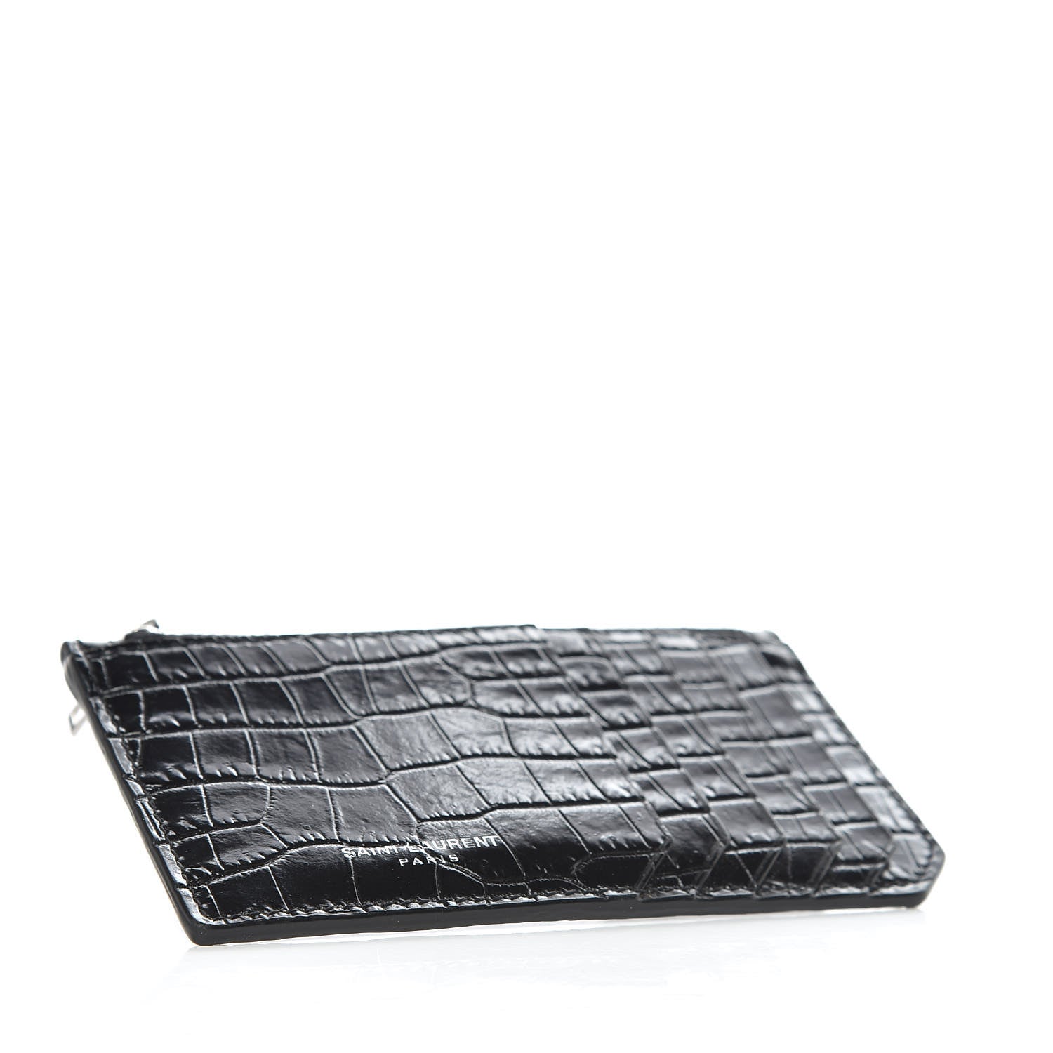 Saint Laurent Calfskin Crocodile Embossed 5 Fragments Zip Pouch Card Holder Black 4 of 7
