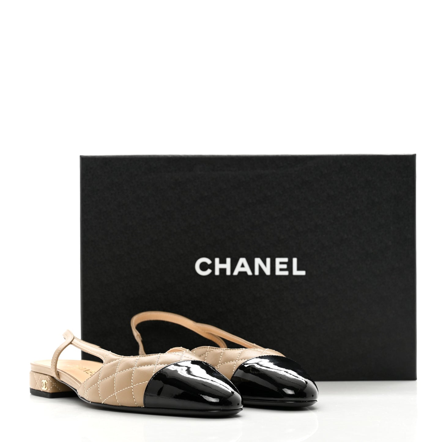 Lambskin Patent Cap Toe CC Slingback Flats 38.5 Beige Black