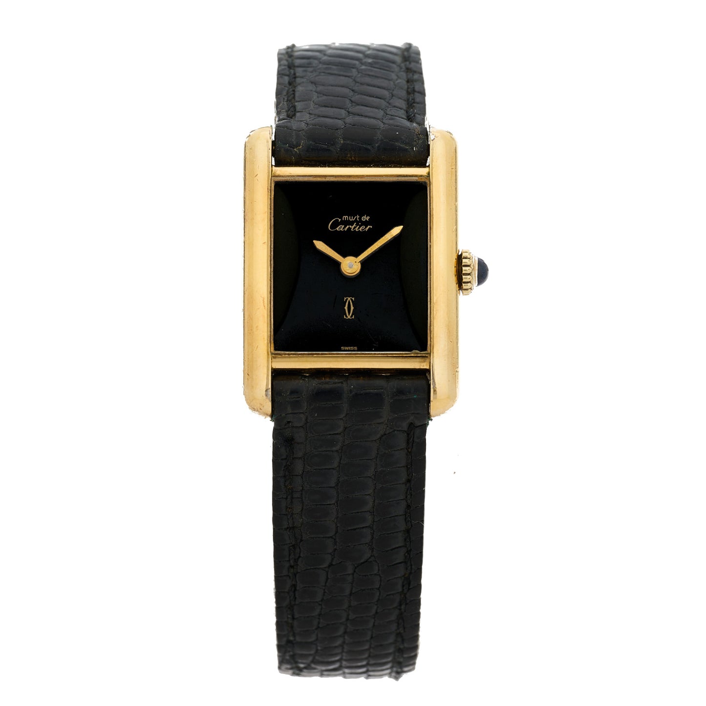 Sterling Silver Vermeil Lizard 23mm Must de Cartier Tank Manual Winding Watch Blue
