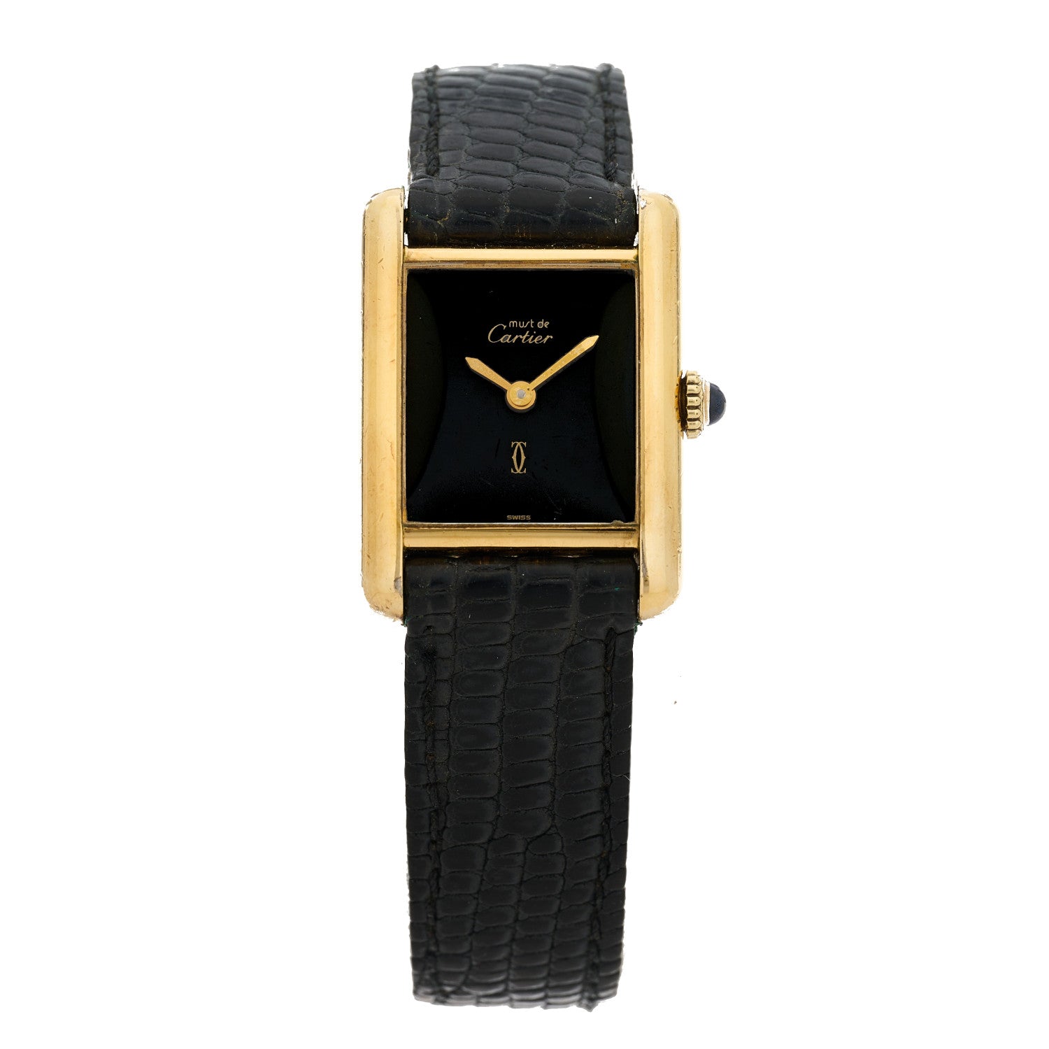 Cartier Sterling Silver Vermeil Lizard 23mm Must de Cartier Tank Manual Winding Watch Blue 1 of 4