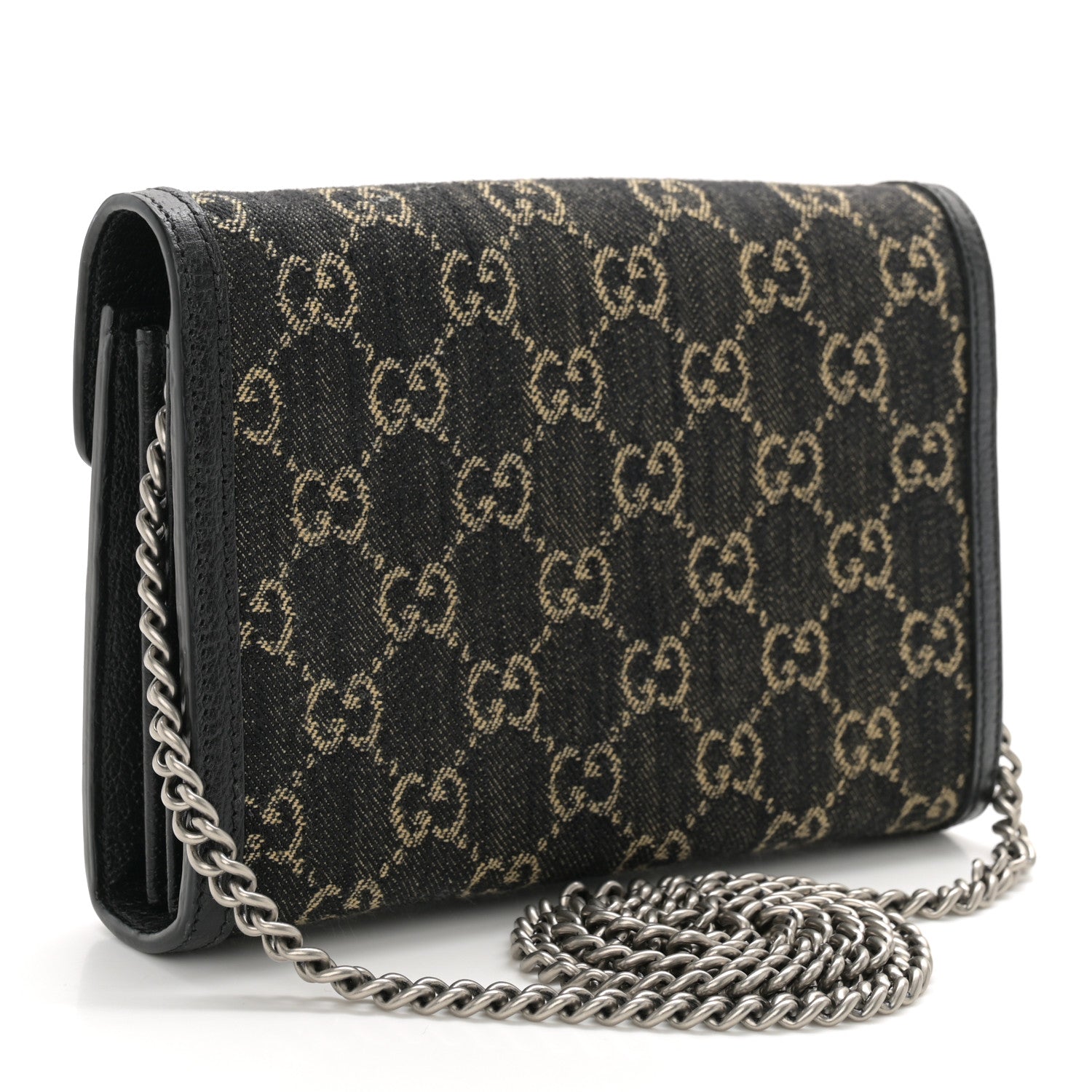 Gucci Jacquard Black Denim GG Monogram Mini Dionysus Chain Wallet Black Ivory 3 of 9