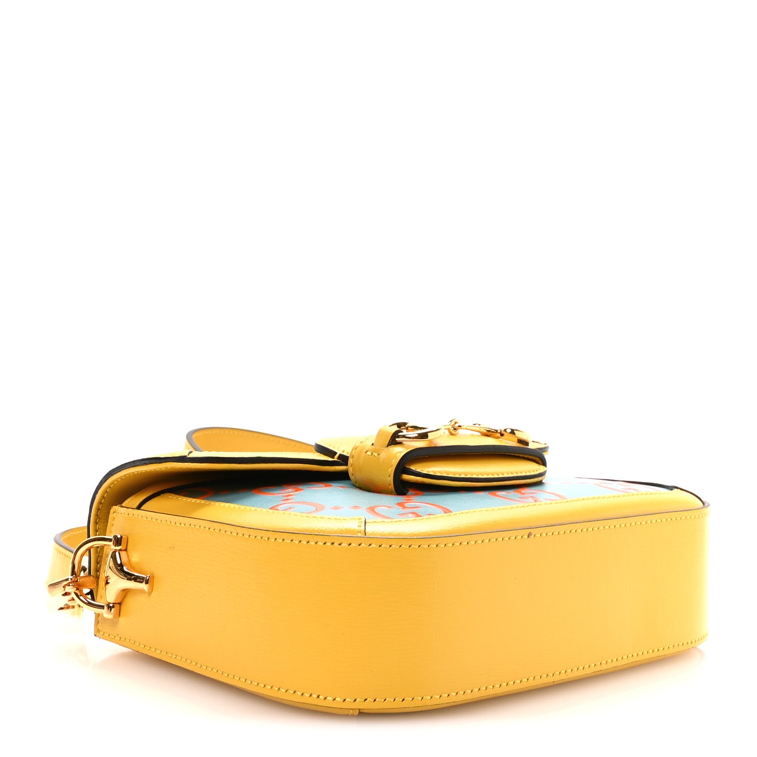 Gucci Azalea Calfskin GG Monogram Bi-Color Debossed Mini Horsebit 1955 Shoulder Bag Dusty Azure Stone Topaz Deep Orange 4 of 10