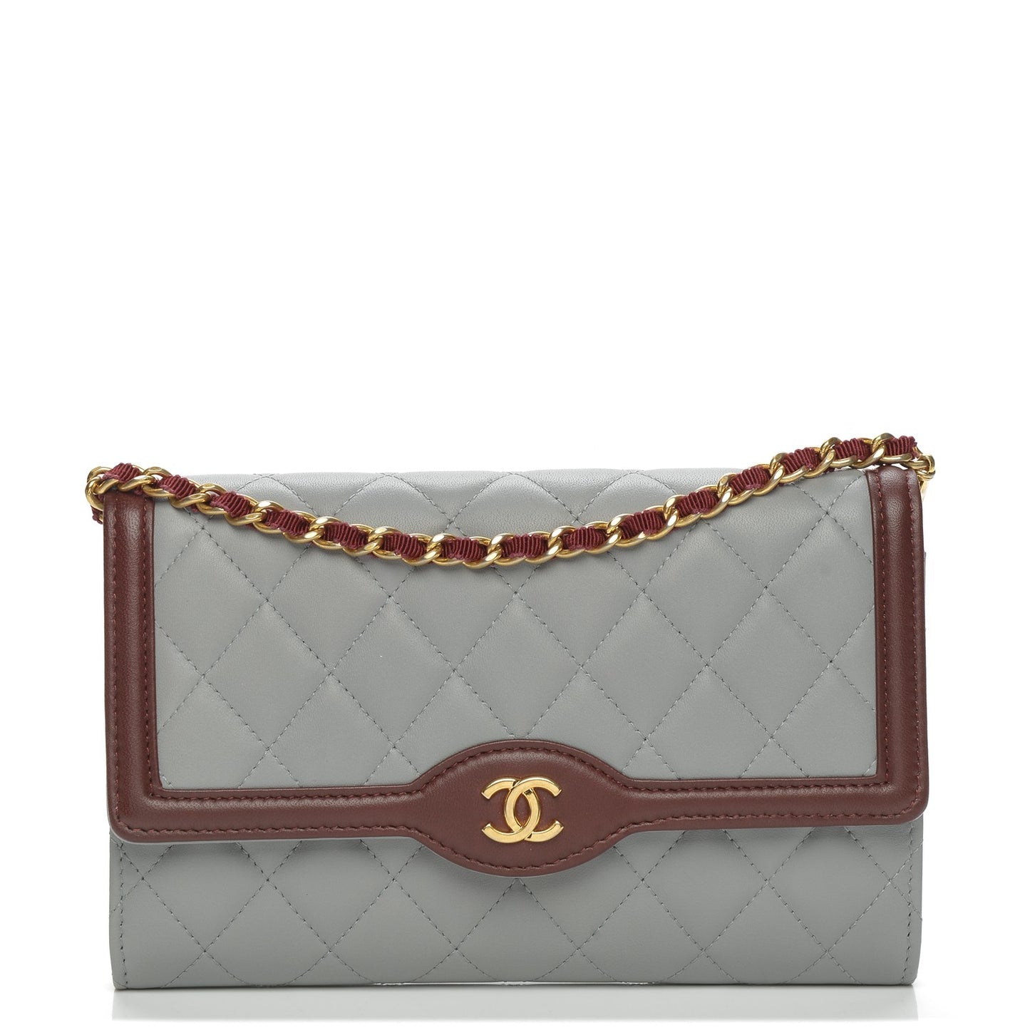 Lambskin Quilted Wallet With Removable Chain Grey Burgundy