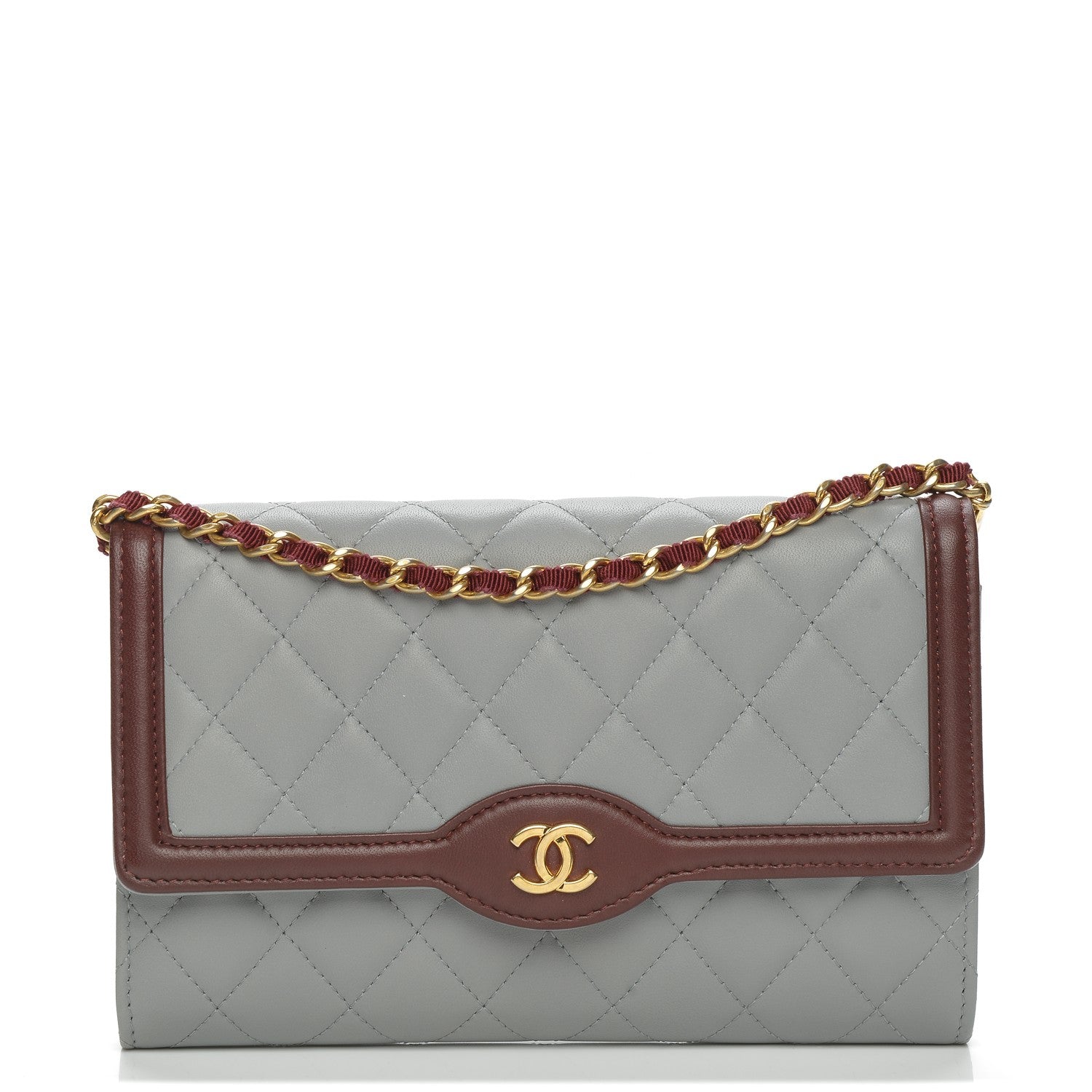 Chanel Lambskin Quilted Wallet With Removable Chain Grey Burgundy 1 of 10