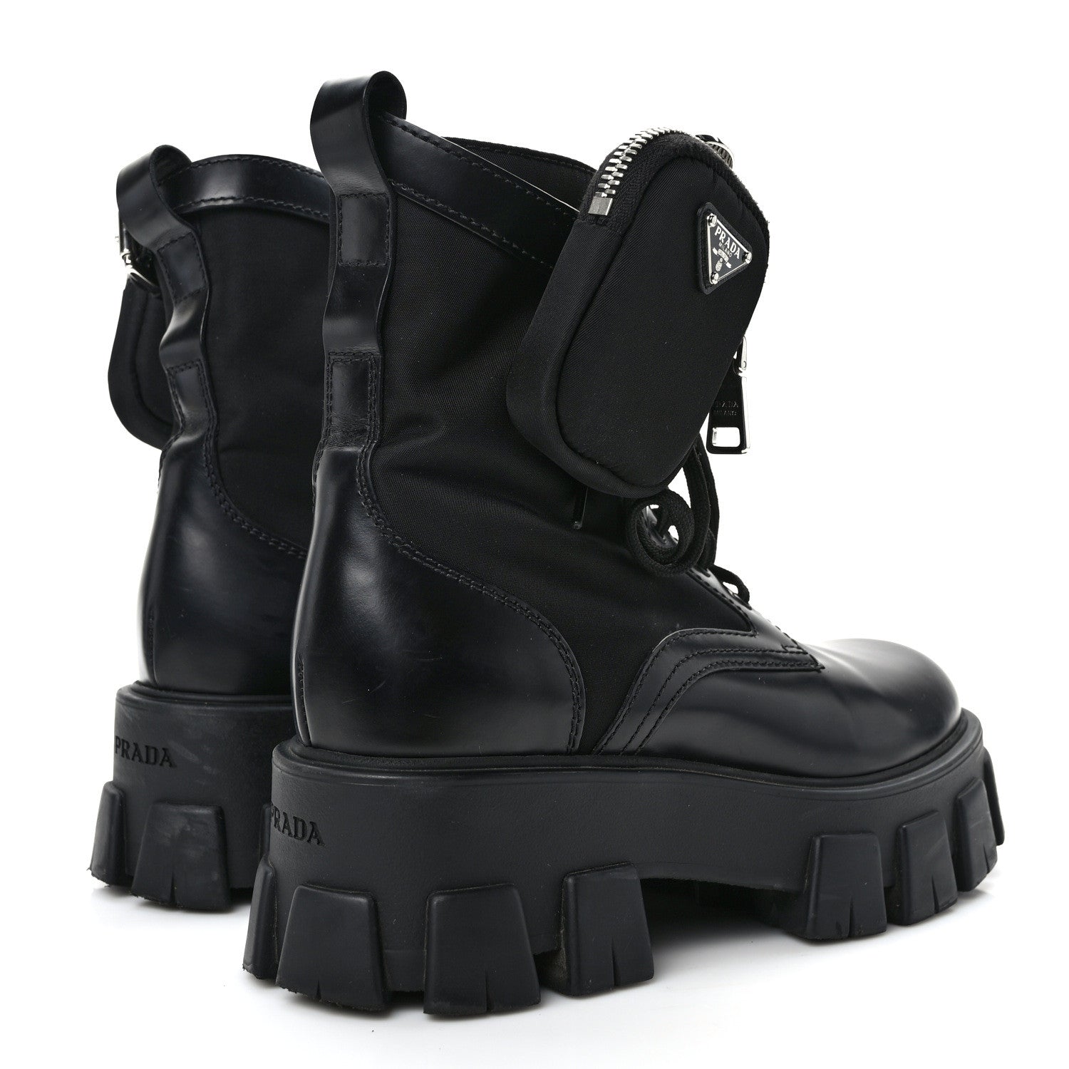 Prada Spazzolato Rois Nylon Metal Triangle Logo Monolith Pouch Pocket 55mm Boots 38.5 Black 4 of 11