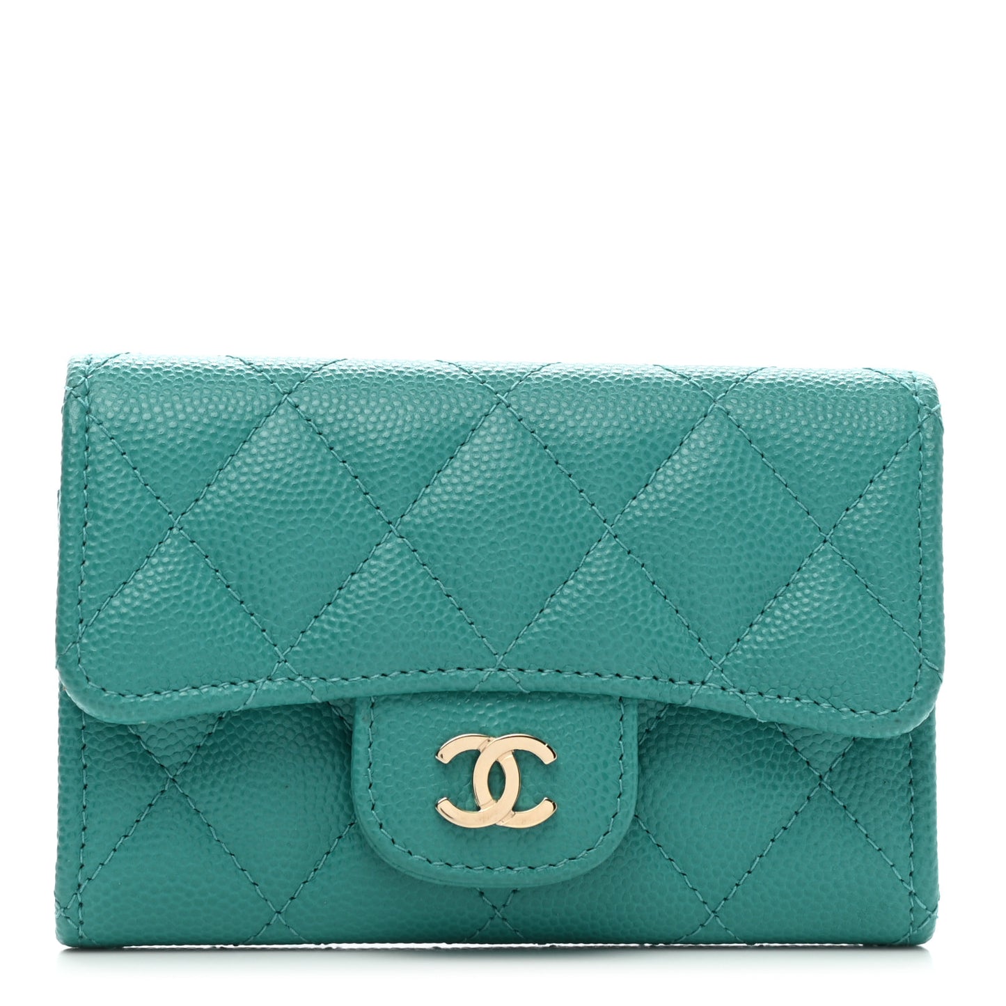Caviar Quilted Flap Card Holder Wallet Green