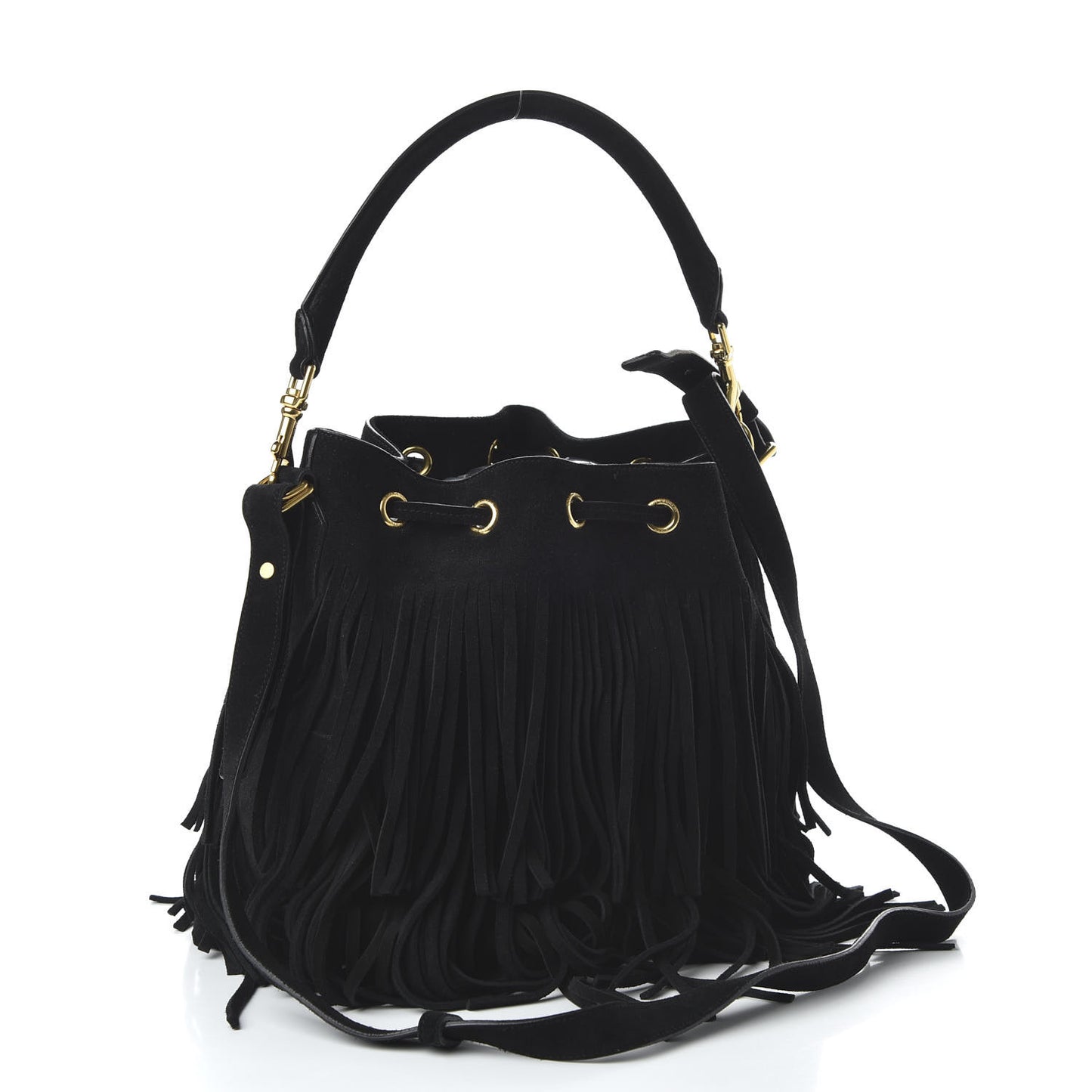 Suede Calfskin Small Emmanuelle Fringe Bucket Bag Black