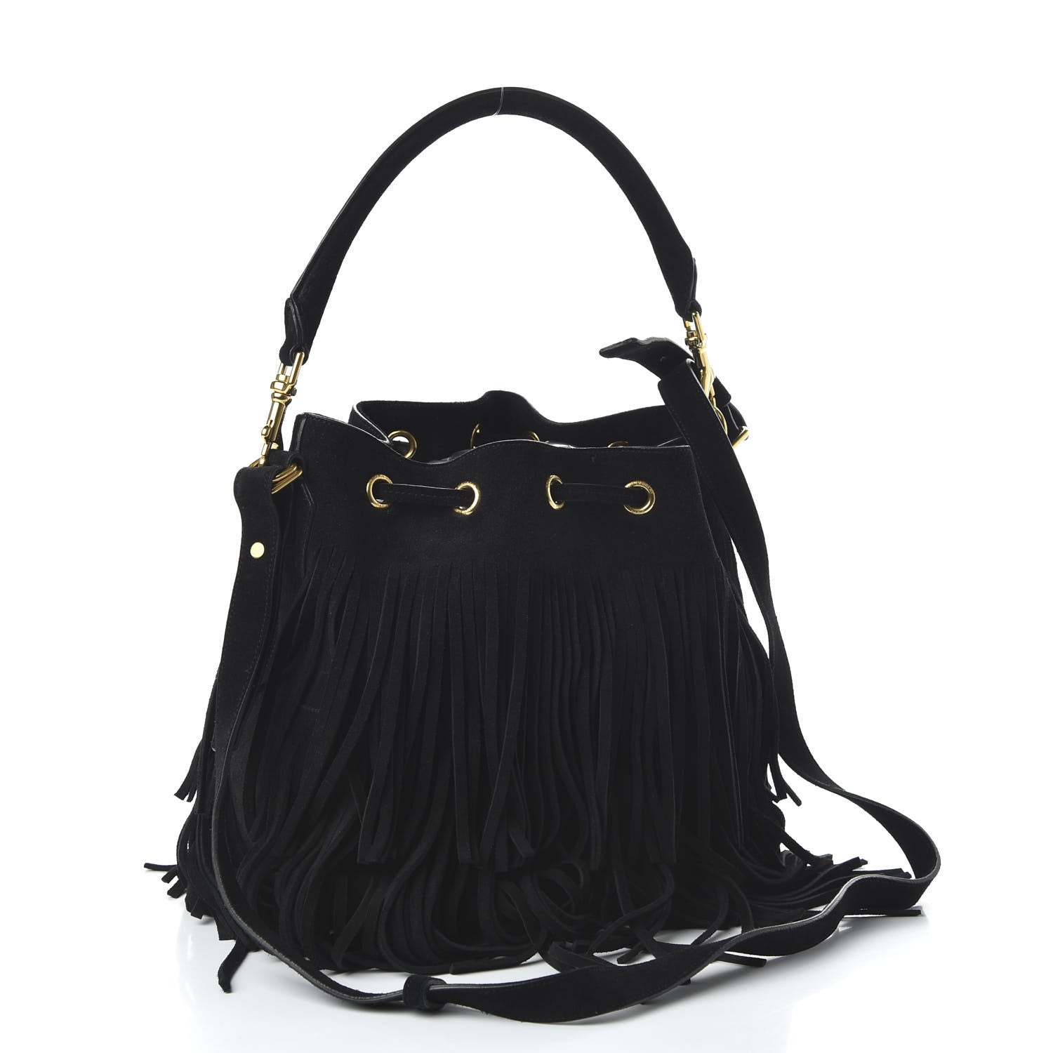 Saint Laurent Suede Calfskin Small Emmanuelle Fringe Bucket Bag Black 3 of 11