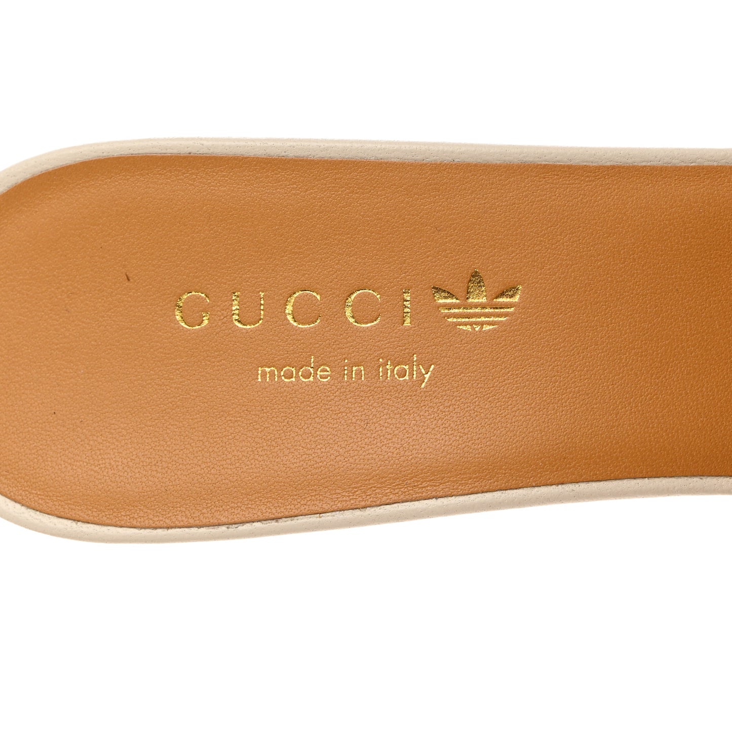 X ADIDAS Nappa Suede Monogram Jumbo GG Trefoil 75mm Slide Sandals 38 New Mystic White Sand