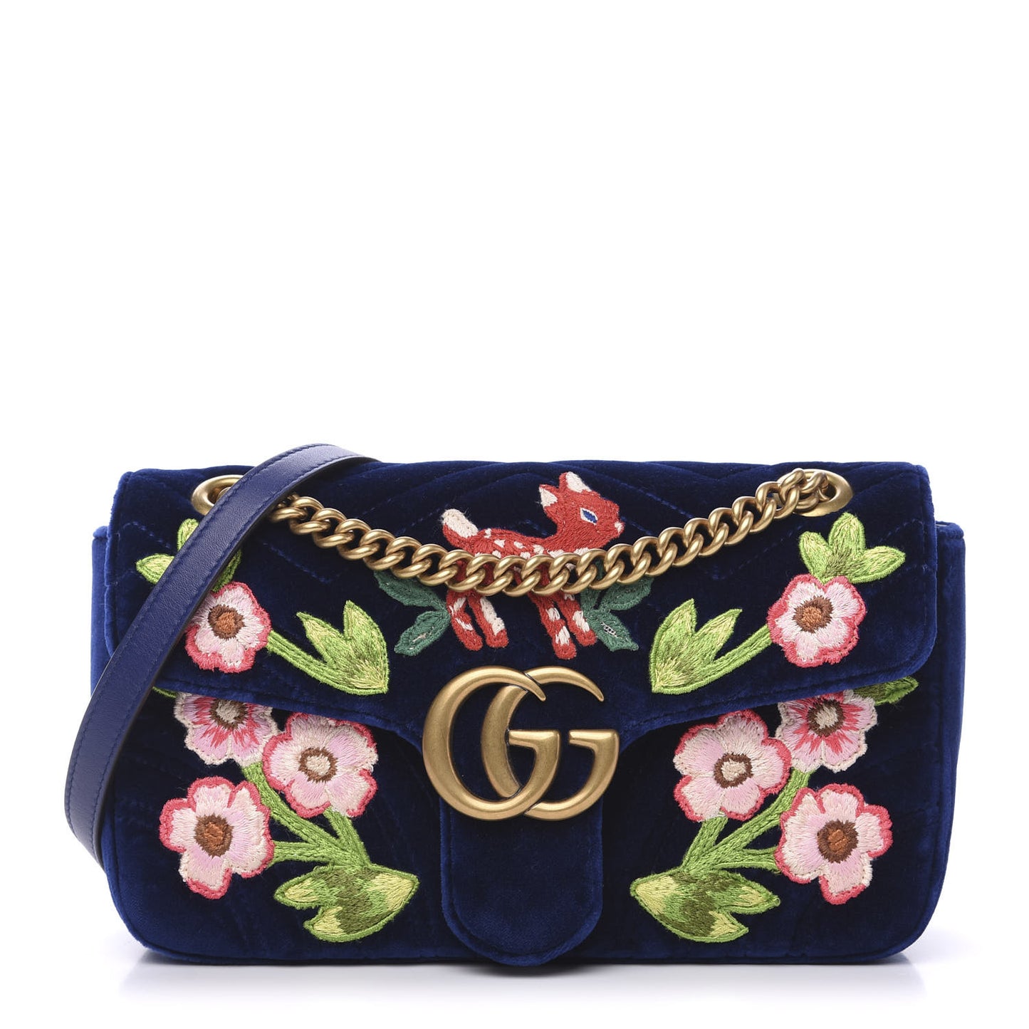 Velvet Matelasse Deer Embroidered Small GG Marmont Shoulder Bag Cobalt