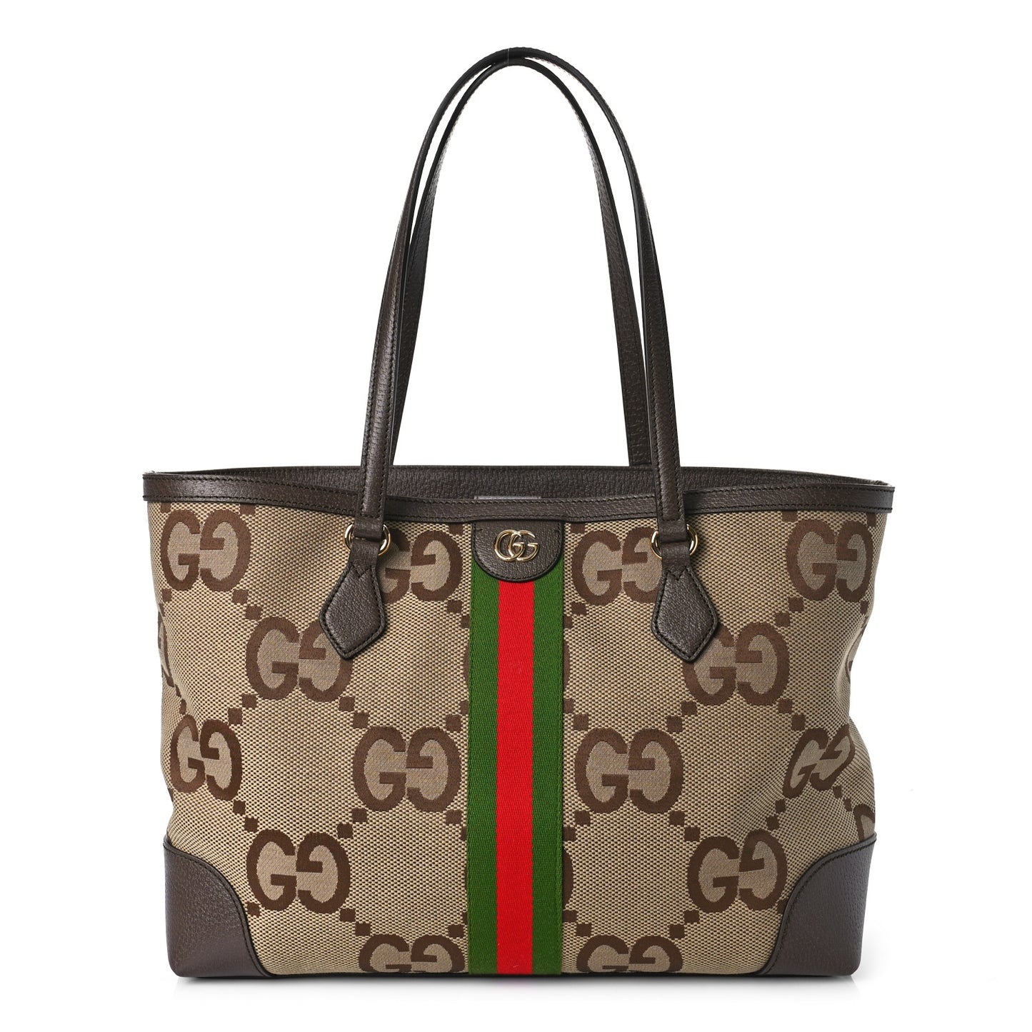 Monogram Jumbo GG Textured Dollar Calfskin Web Medium Ophidia Shopping Tote Camel Ebony