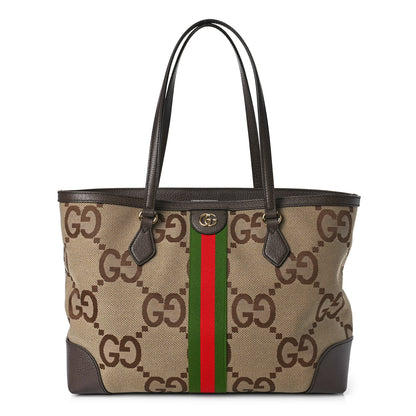 Gucci Monogram Jumbo GG Textured Dollar Calfskin Web Medium Ophidia Shopping Tote Camel Ebony 1 of 9