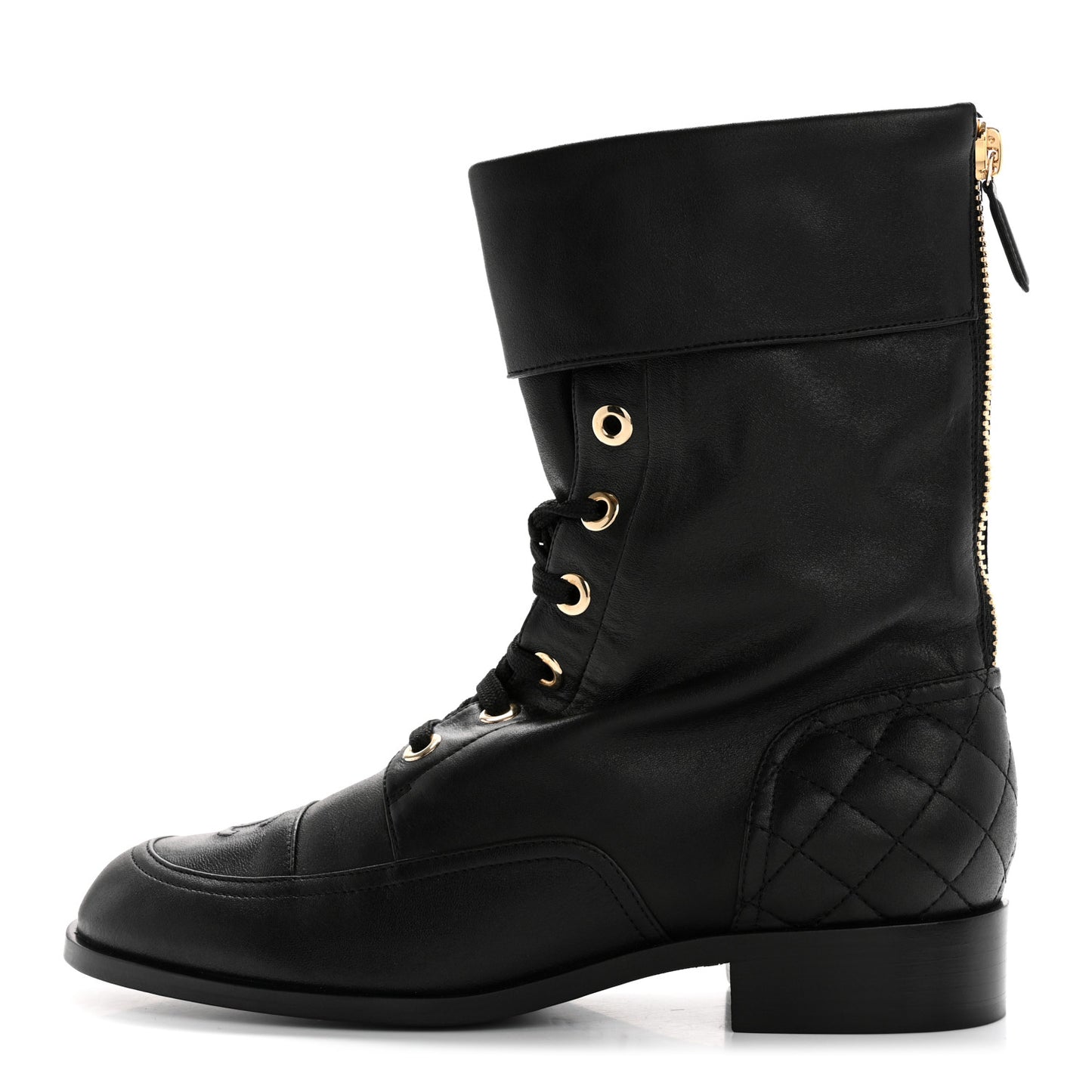 Calfskin Quilted Lace Up Combat Boots 39.5 Black