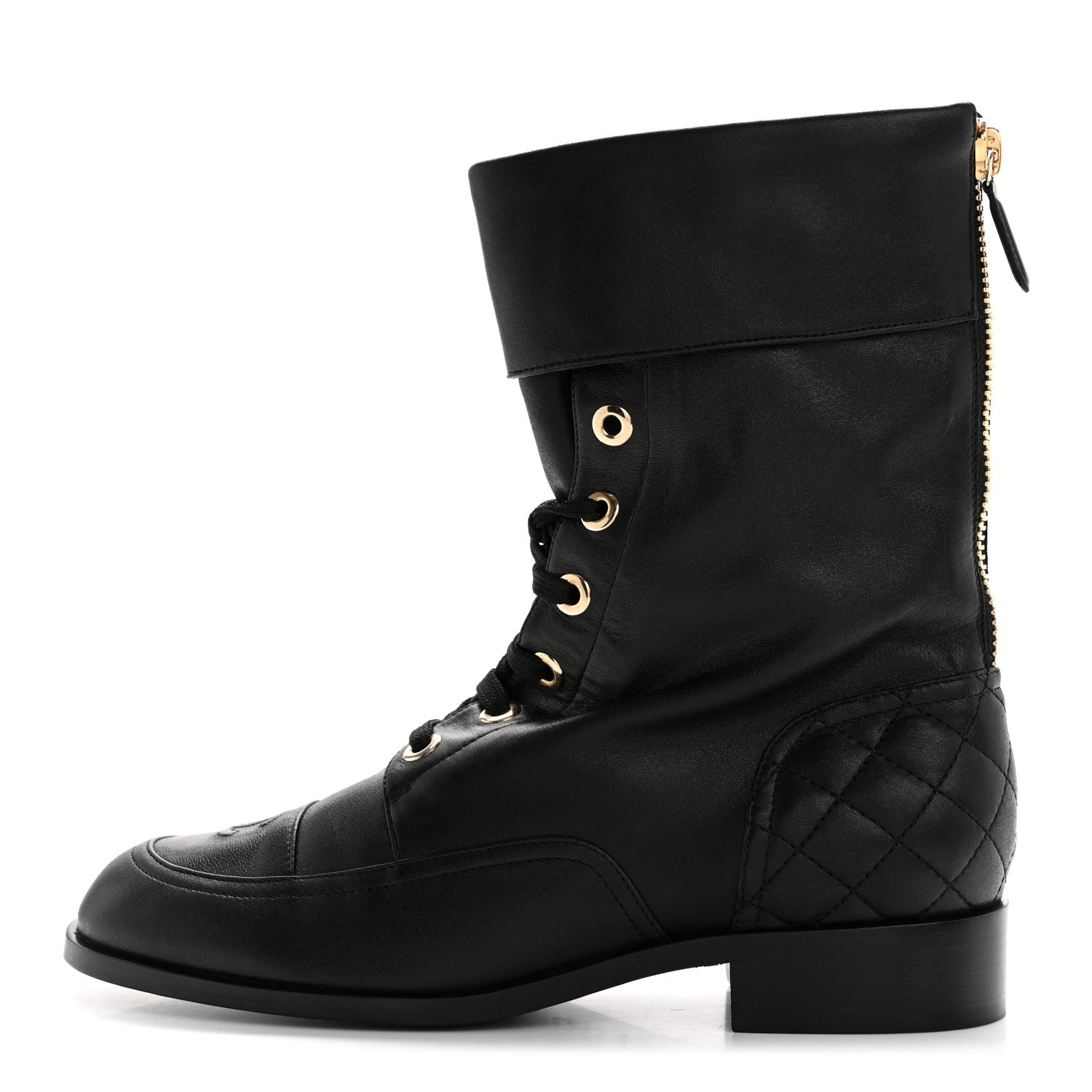 Chanel Calfskin Quilted Lace Up Combat Boots 39.5 Black 1 of 10