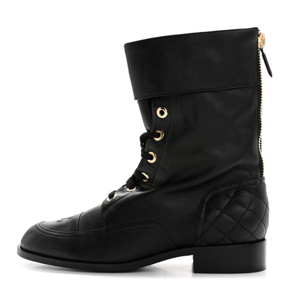 Chanel Calfskin Quilted Lace Up Combat Boots 39.5 Black 1 of 10