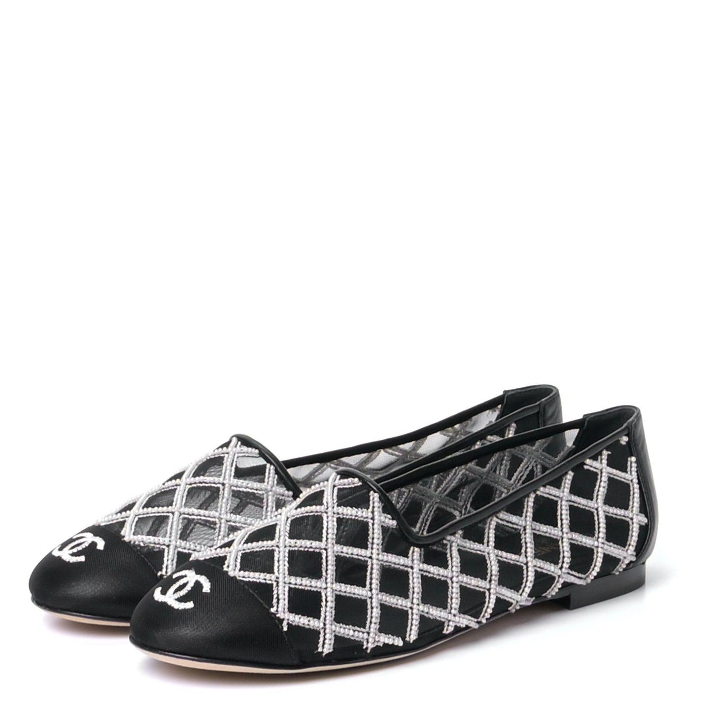 Mesh Pearl Grosgrain Cap Toe CC Loafers 36.5 Black Ivory