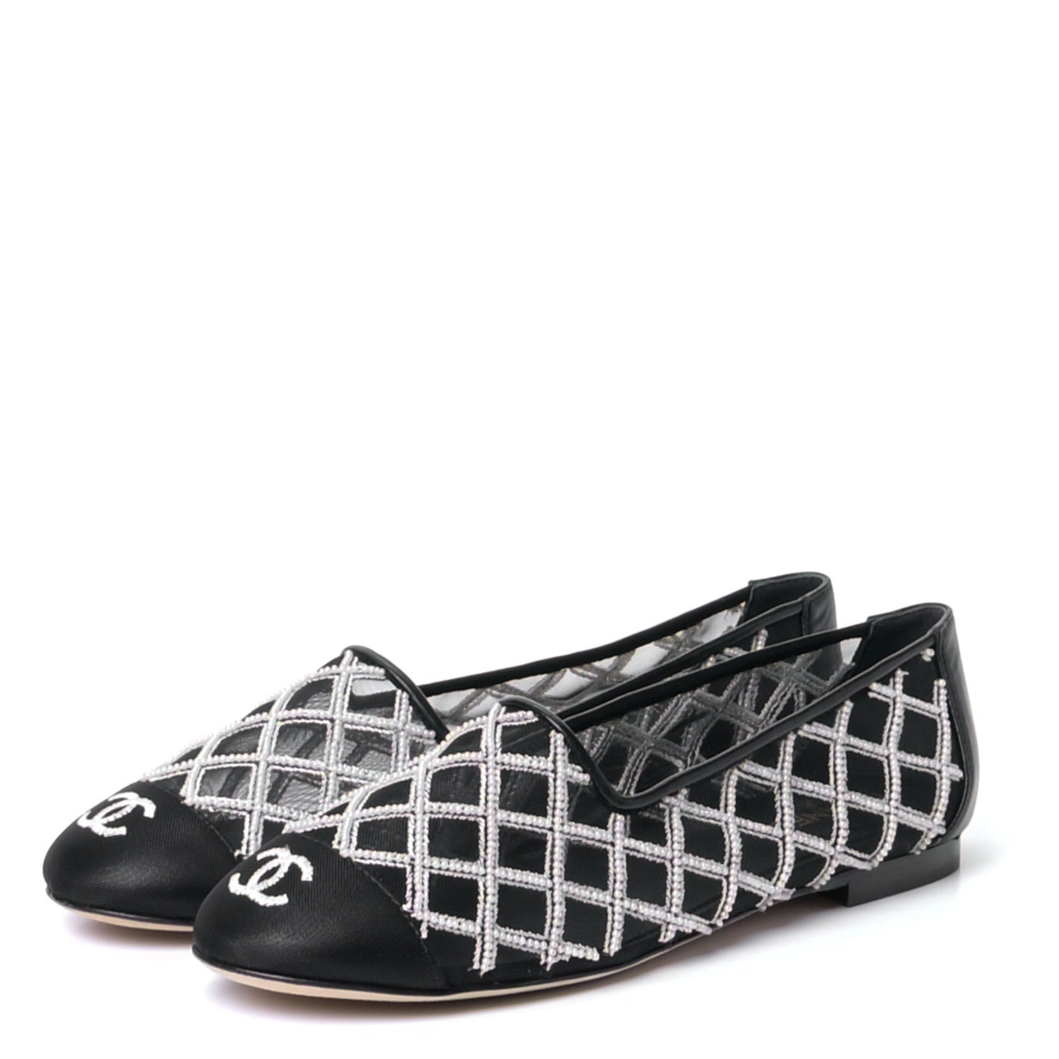 Chanel Mesh Pearl Grosgrain Cap Toe CC Loafers 36.5 Black Ivory 3 of 10
