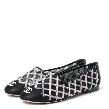 Chanel Mesh Pearl Grosgrain Cap Toe CC Loafers 36.5 Black Ivory 3 of 10