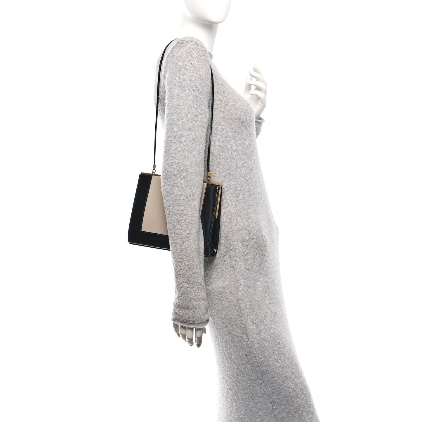 Nappa Patent Calfskin Two-Toned Gaia Shoulder Bag Sea Salt Black