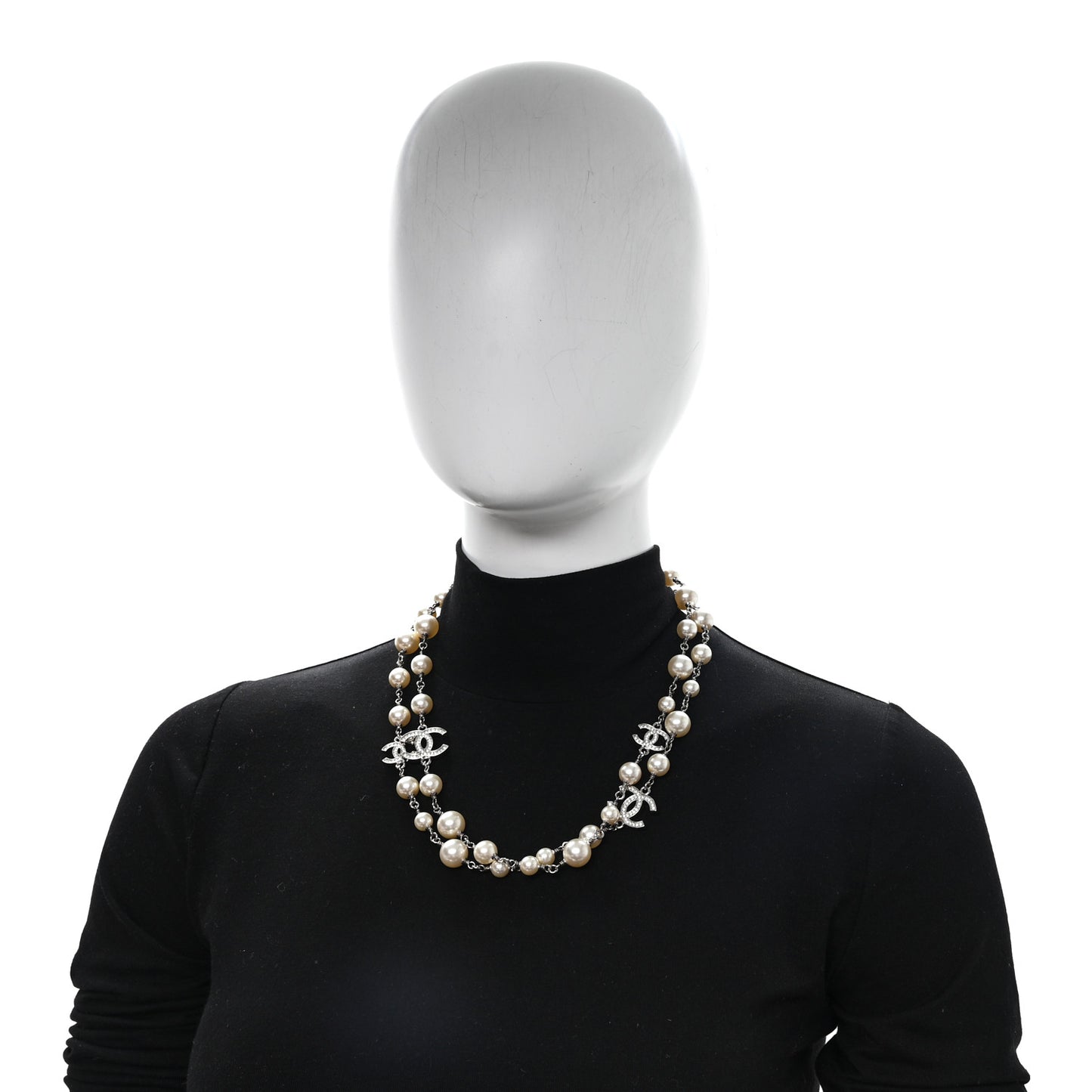 Graduated Pearl Crystal CC Long Necklace Silver