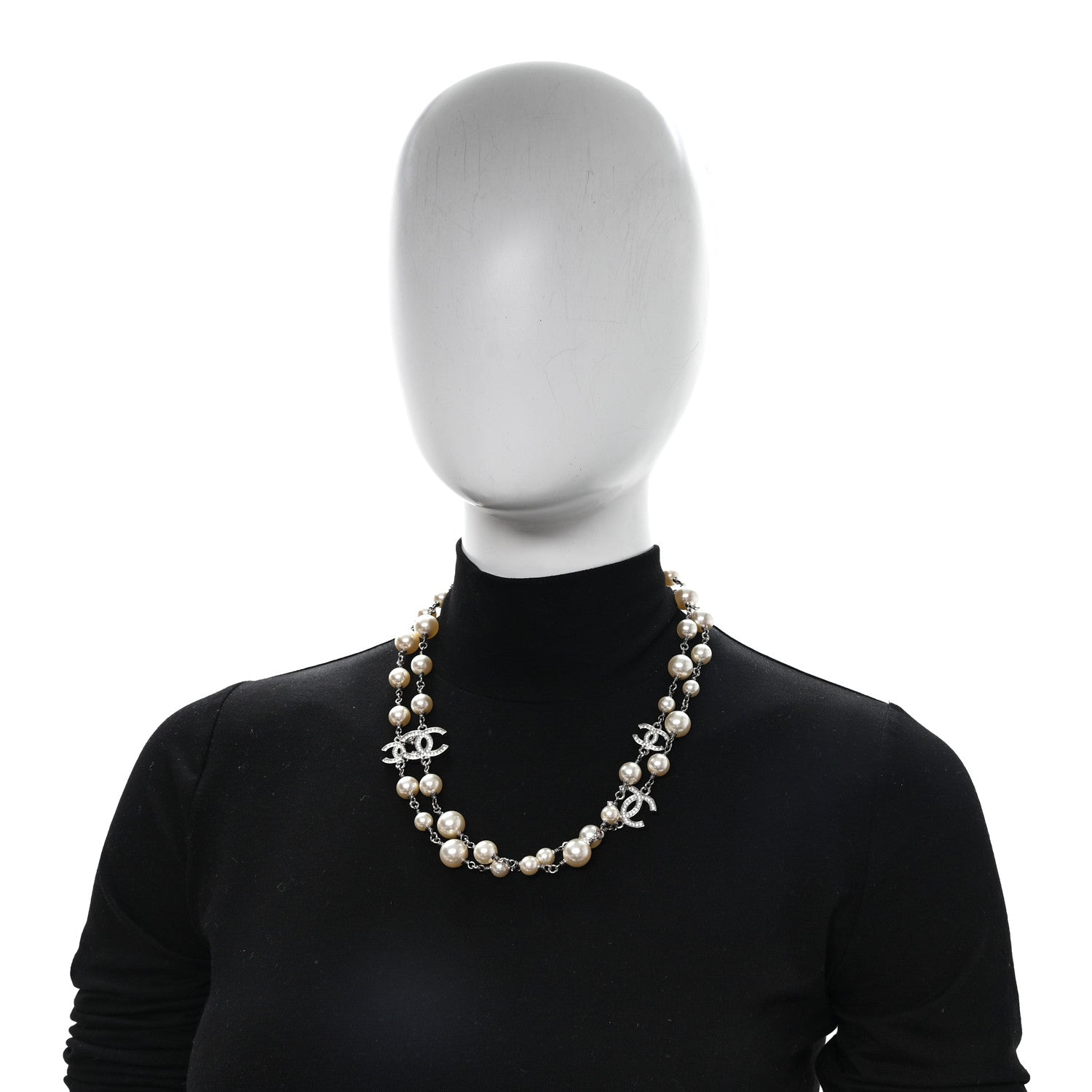 Chanel Graduated Pearl Crystal CC Long Necklace Silver 2 of 5