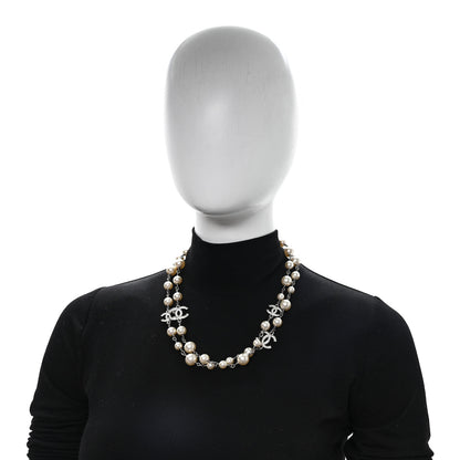 Chanel Graduated Pearl Crystal CC Long Necklace Silver 2 of 5