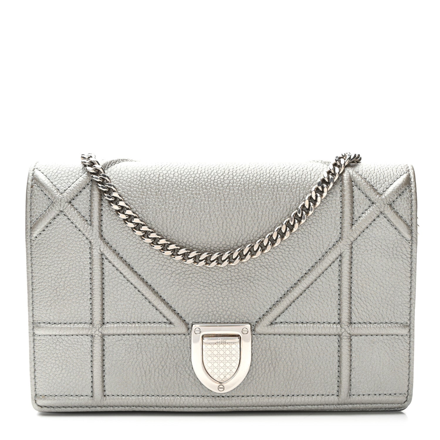 Christian Dior Metallic Grained Calfskin Diorama Wallet on Chain Pouch Silver 1 of 9