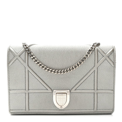 Christian Dior Metallic Grained Calfskin Diorama Wallet on Chain Pouch Silver 1 of 9
