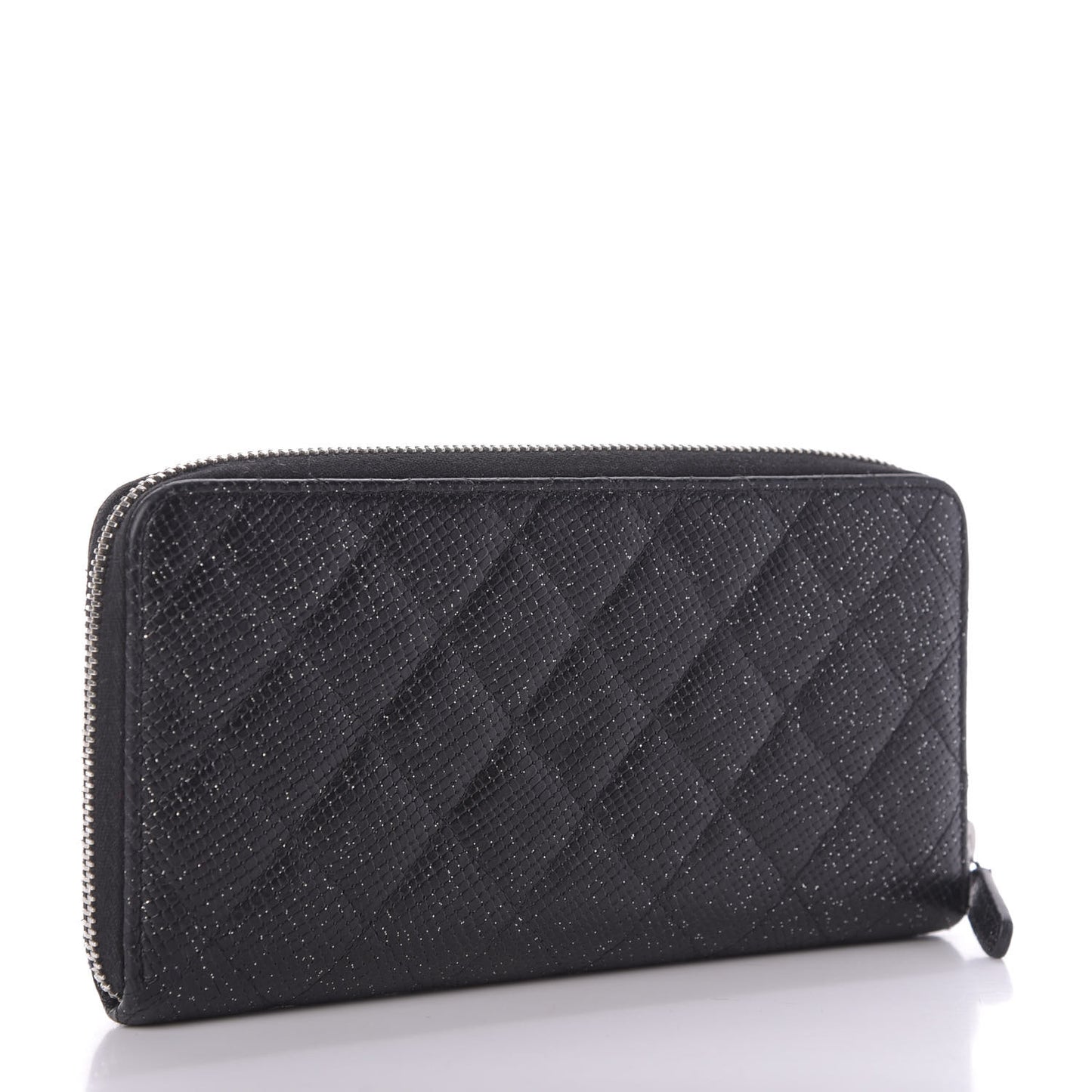 Glittered Calfskin Quilted Large Gusset Zip Wallet Black