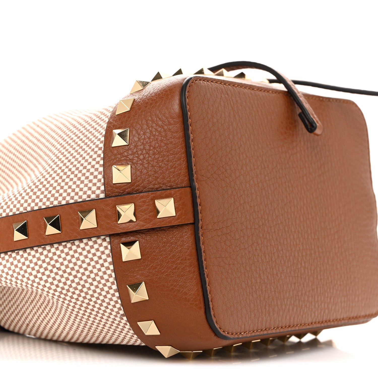 Valentino Garavani Canvas Grained Calfskin Rockstud Drawstring Bucket Bag Naturale Tobacco 8 of 9