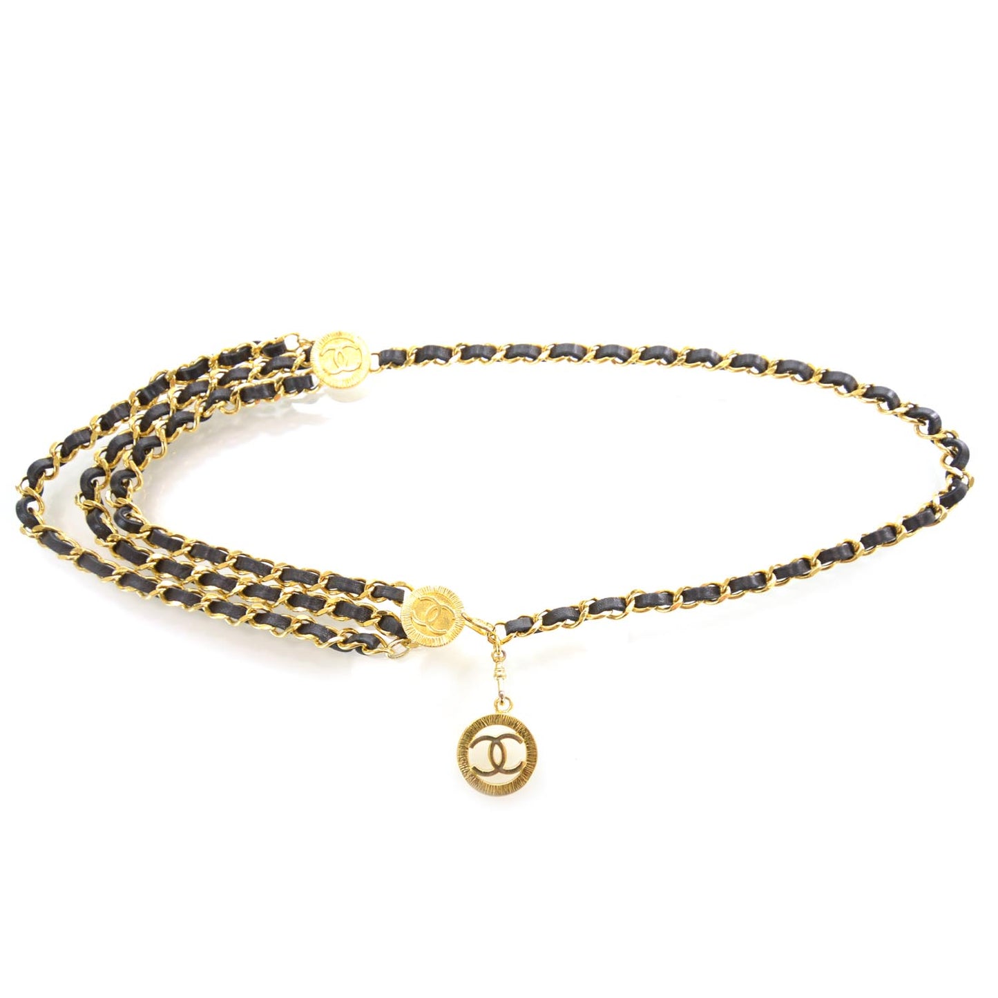 Leather Chain CC Medallion Belt Black Gold