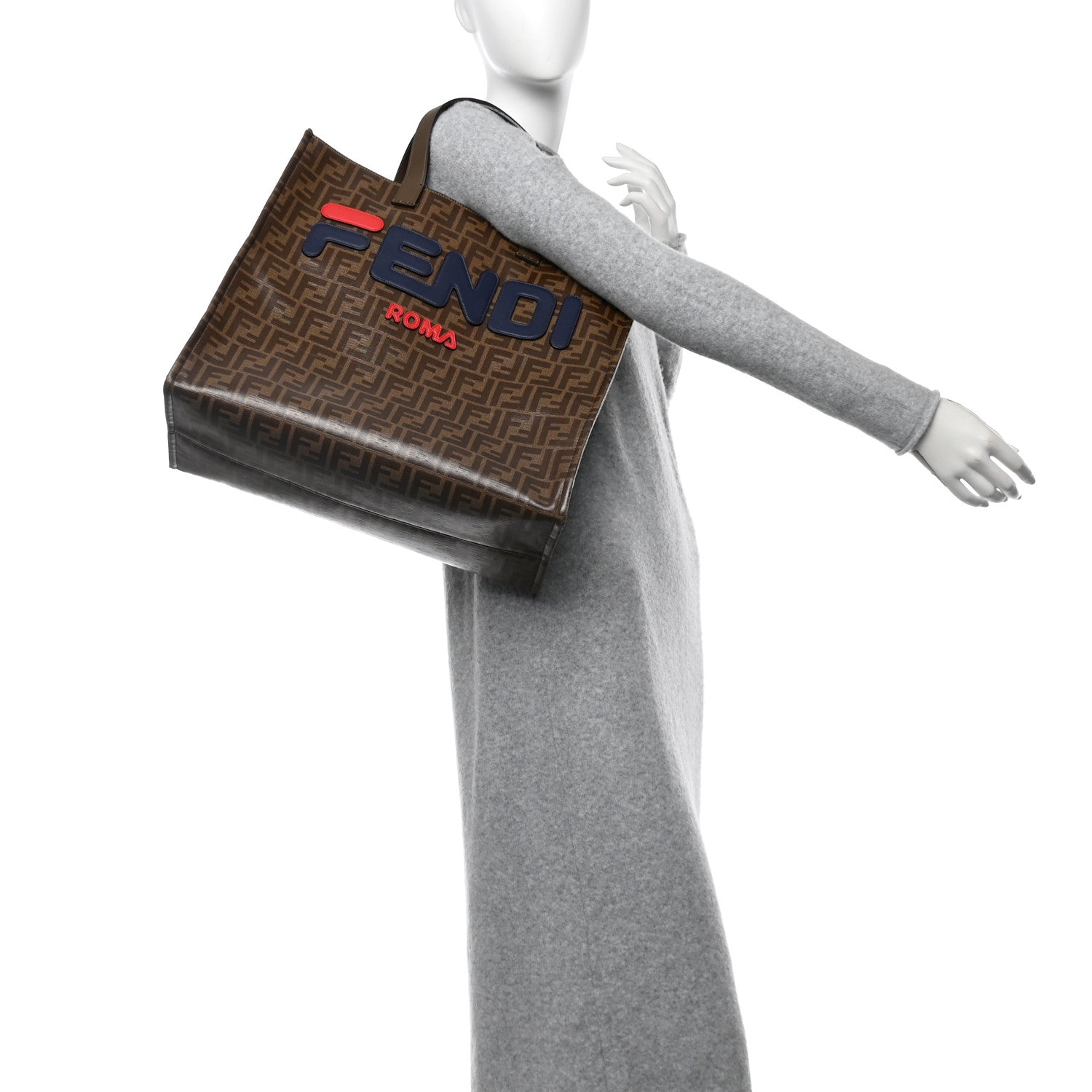 Fendi X FILA Glazed Fabric FF 1974 Mania Shopping Tote Bag Mogano Panna Blueberry 2 of 11