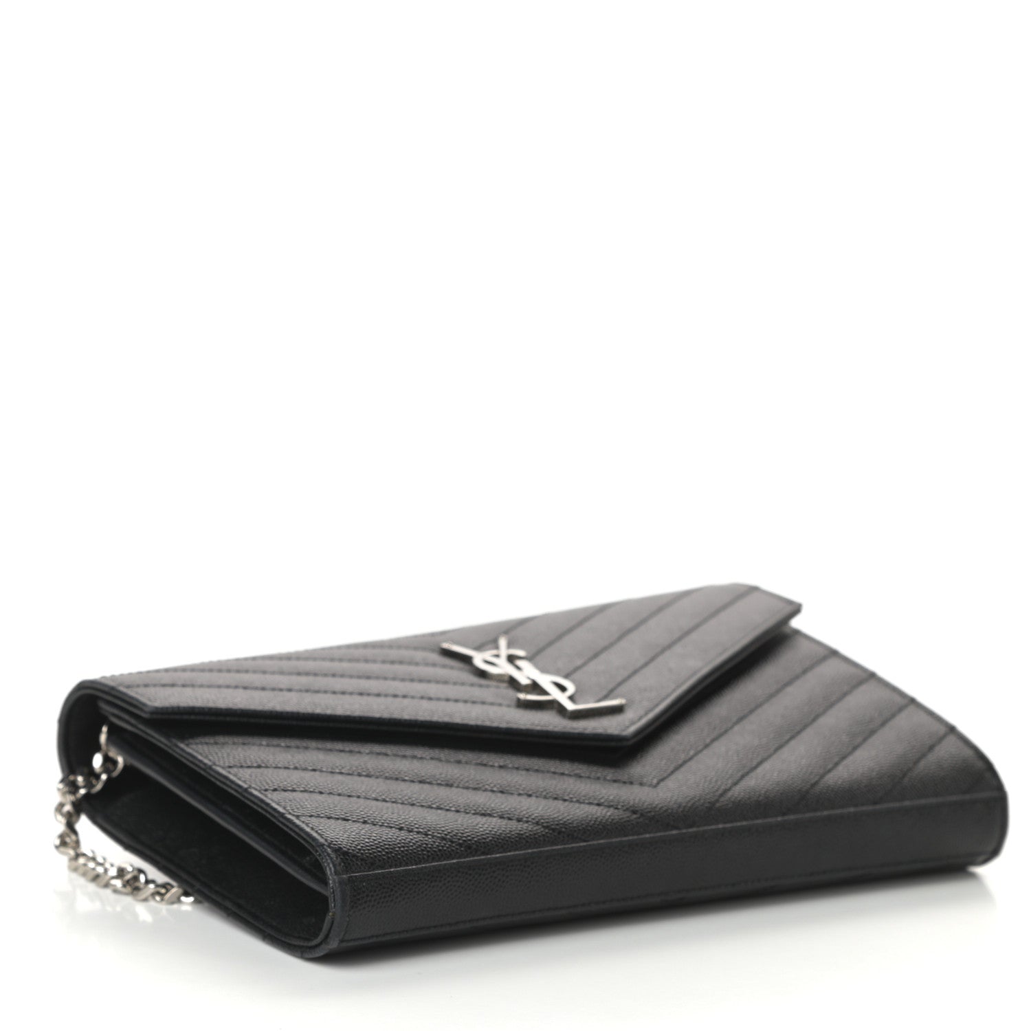 Saint Laurent Grain De Poudre Matelasse Chevron Monogram Chain Wallet Black 4 of 10