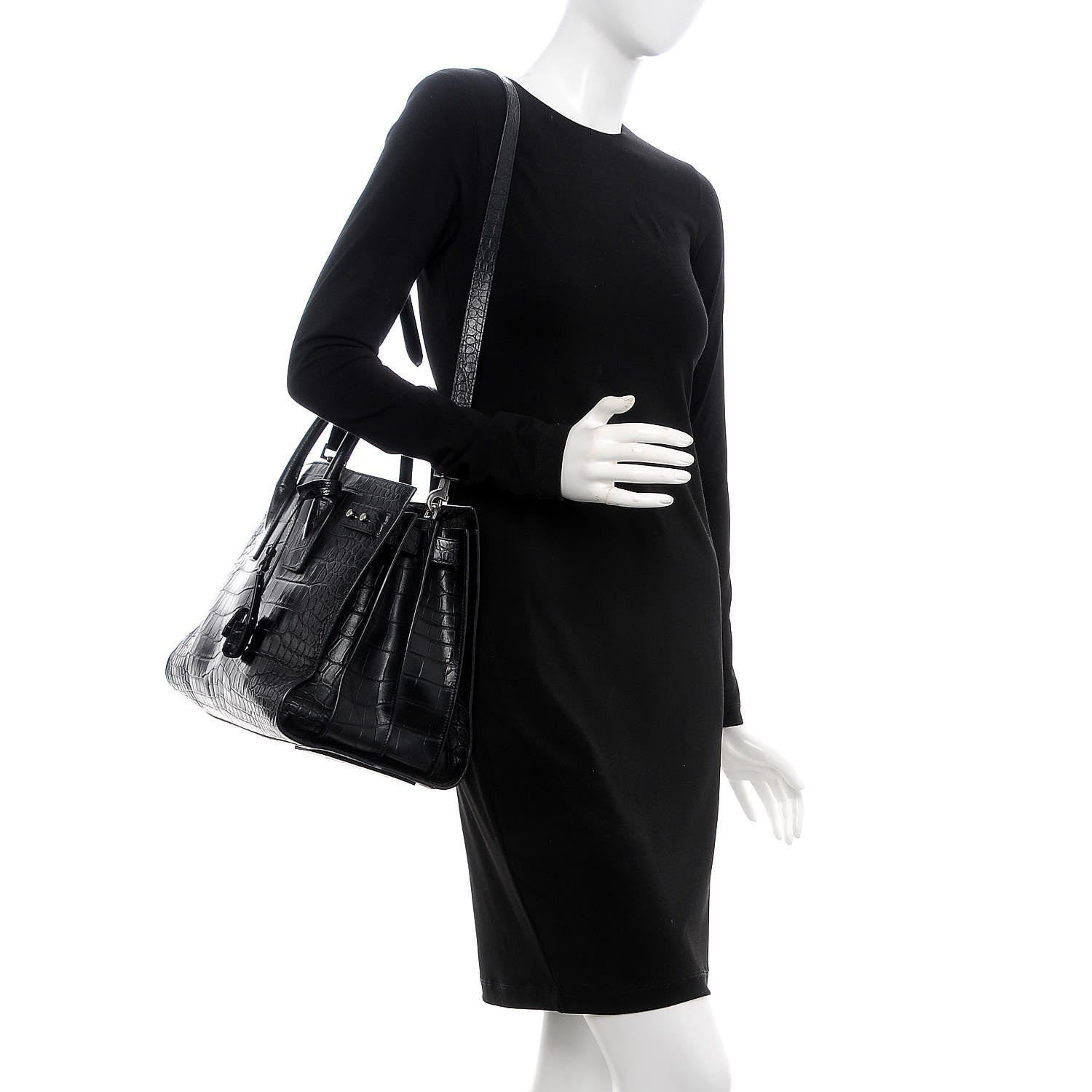 Saint Laurent Calfskin Crocodile Embossed Medium Supple Sac de Jour Black 2 of 8