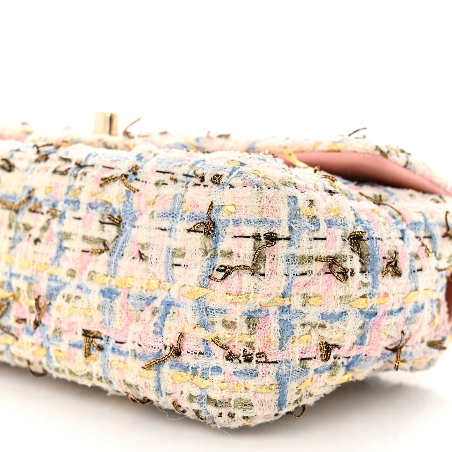 Tweed Quilted Mini Rectangular Flap Light Blue Pink Gold White