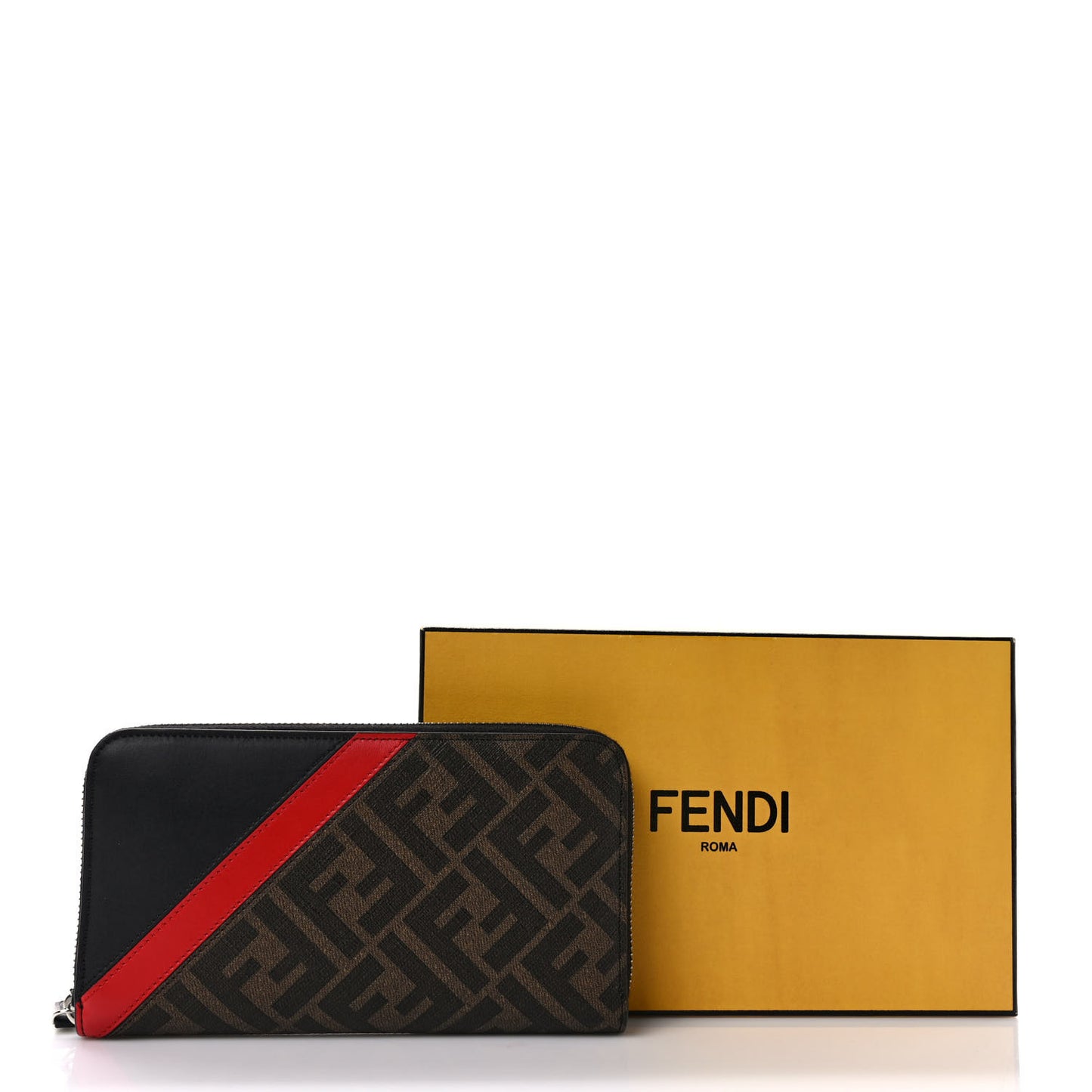 Glazed Fabric Vitello Liberty FF 1974 Diagonal Zip Around Wallet Tobacco Rosso Black
