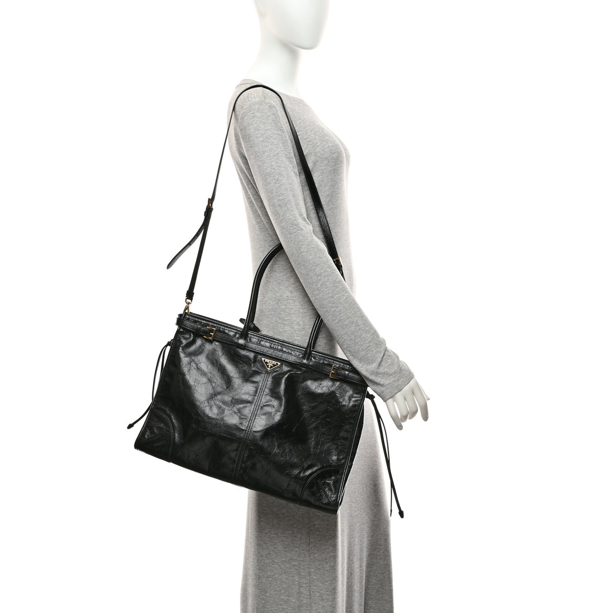 Prada Glossy Calfskin Triangle Large Bonnie Shoulder Bag Black 2 of 10