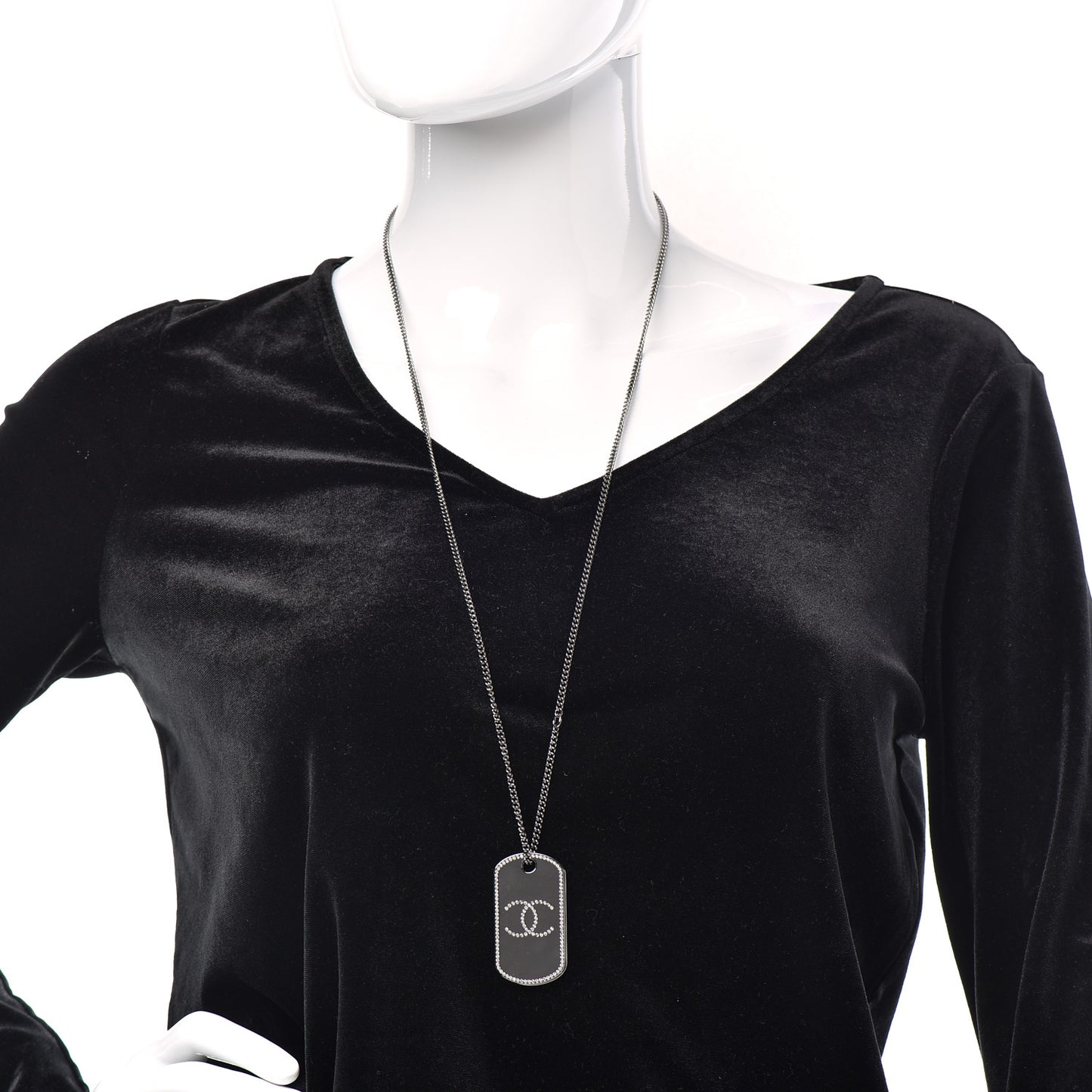 Metal Crystal Ruthenium Dog Tag Charm Necklace Silver